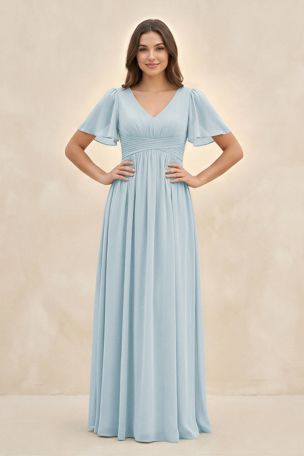 Short Sleeve Chiffon V-Neck A-Line Bridesmaid Dress in Sky Blue
