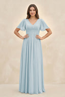 Sky Blue Short Sleeve Chiffon V-Neck A-Line Bridesmaid Dress | KISSBRIDAL