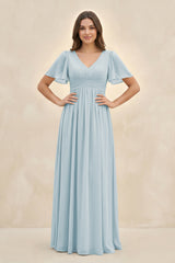 Sky Blue Short Sleeve Chiffon V-Neck A-Line Bridesmaid Dress | KISSBRIDAL