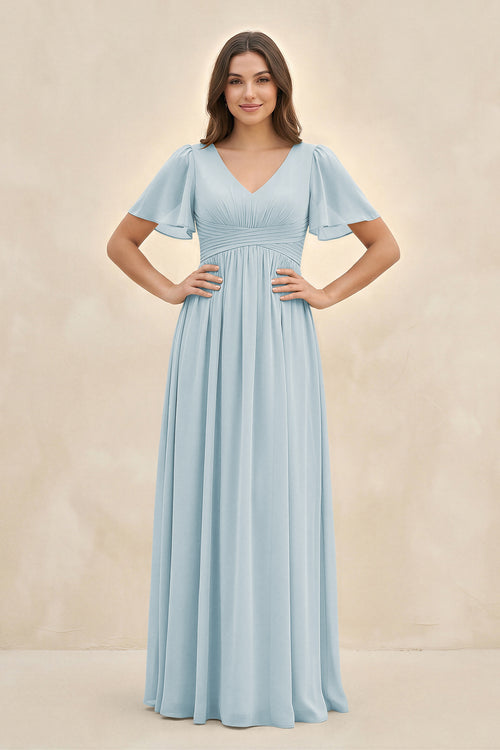 Sky Blue Short Sleeve Chiffon V-Neck A-Line Bridesmaid Dress | KISSBRIDAL