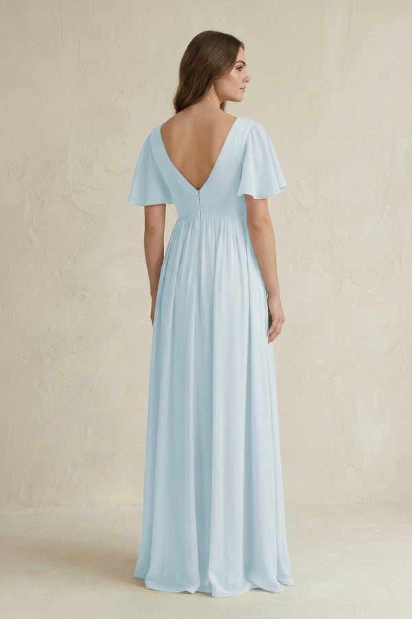 Sky Blue Short Sleeve V-Neck A-Line Chiffon Bridesmaid Dress (2) | KISSBRIDAL