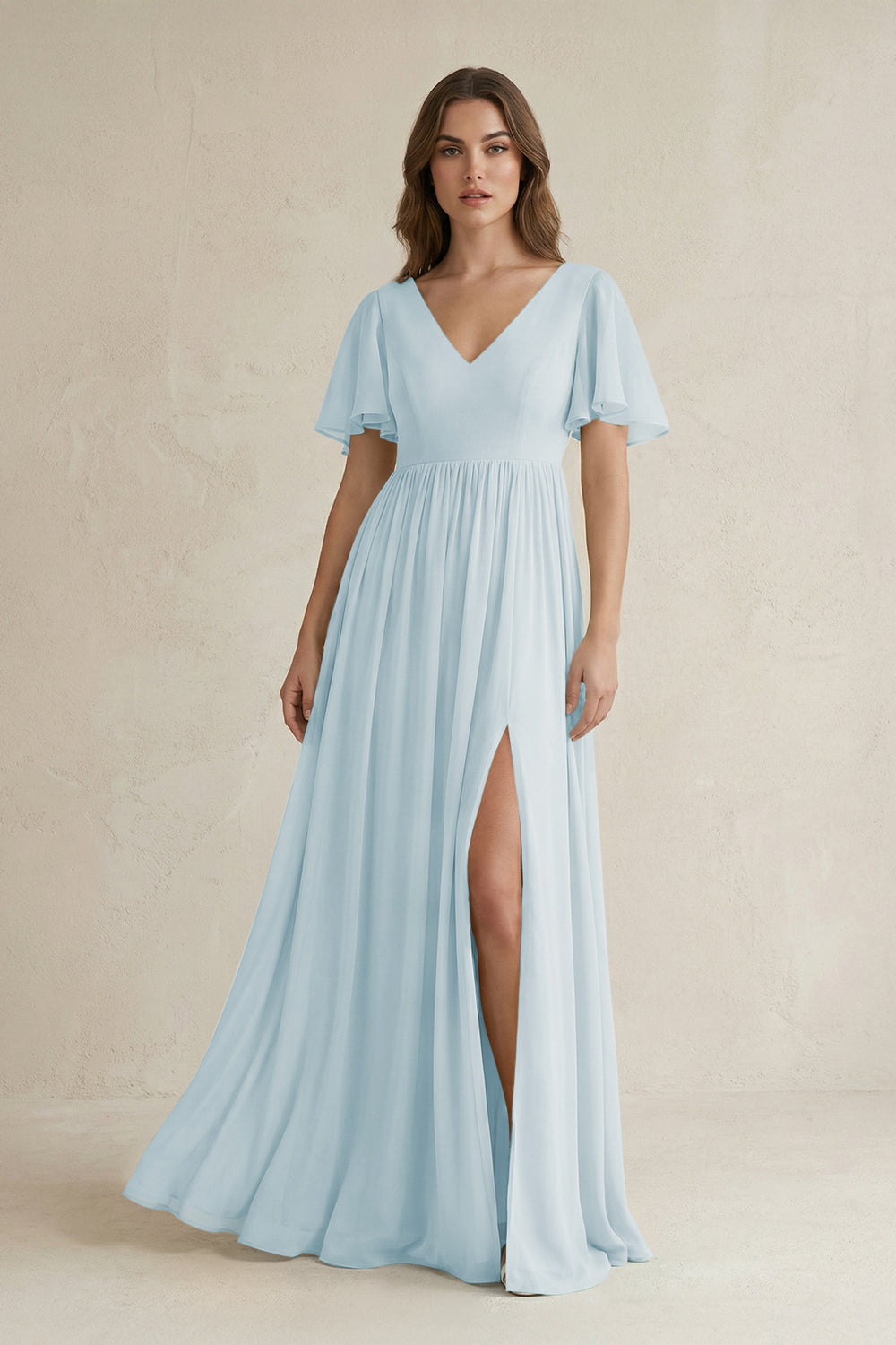 Short Sleeve V-Neck A-Line Chiffon Bridesmaid Dress in Sky Blue