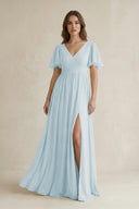 Sky Blue Short Sleeve V-Neck A-Line Chiffon Bridesmaid Dress | KISSBRIDAL