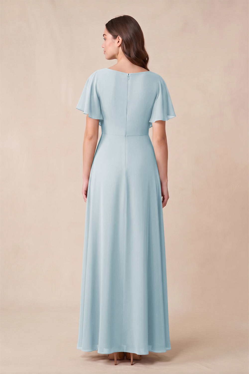 Short Sleeves Bateau A-Line Chiffon Bridesmaid Dress in Sky Blue