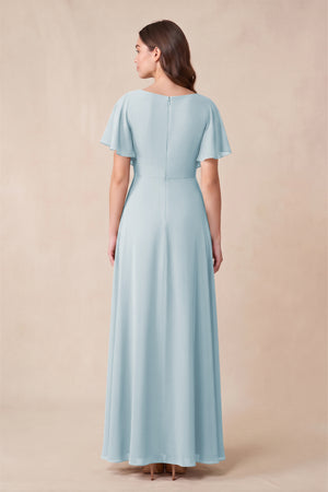 Sky Blue Short Sleeves Bateau A-Line Chiffon Bridesmaid Dress (2) | KISSBRIDAL