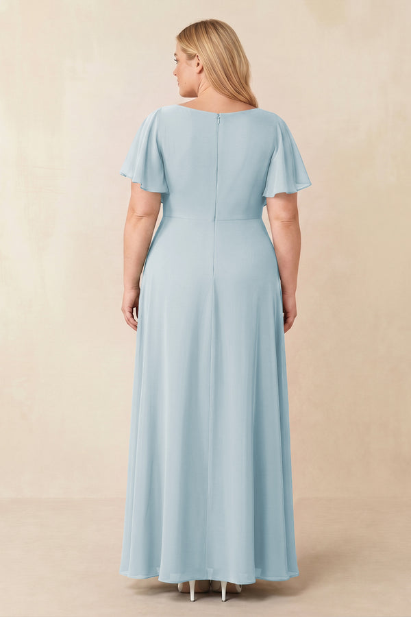 Sky Blue Short Sleeves Bateau A-Line Chiffon Bridesmaid Dress (2) [sizeplus] | KISSBRIDAL