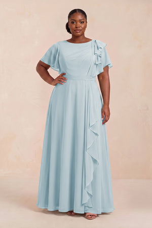 Sky Blue Short Sleeves Bateau A-Line Chiffon Bridesmaid Dress (3) [sizeplus] | KISSBRIDAL