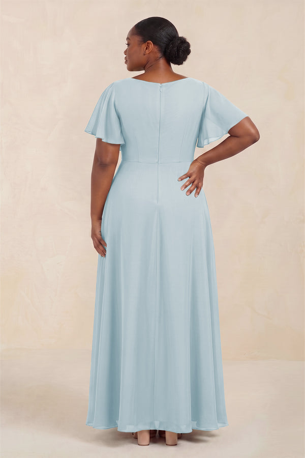 Sky Blue Short Sleeves Bateau A-Line Chiffon Bridesmaid Dress (4) [sizeplus] | KISSBRIDAL