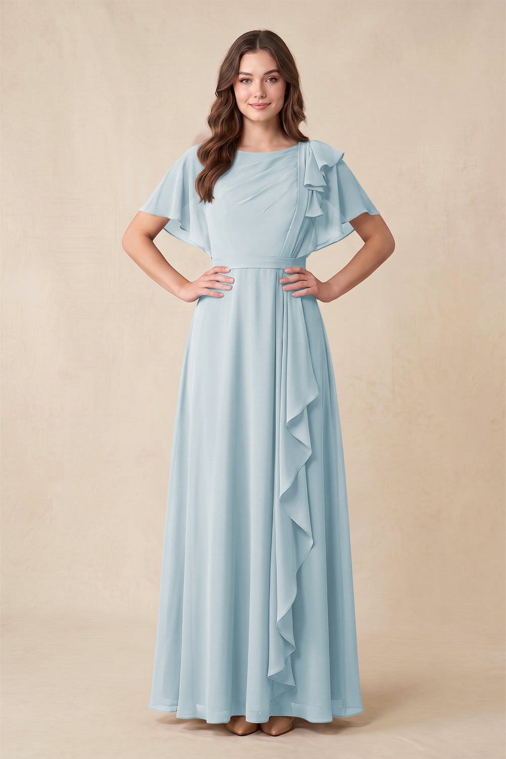 Short Sleeves Bateau A-Line Chiffon Bridesmaid Dress in Sky Blue