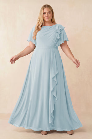 Sky Blue Short Sleeves Bateau A-Line Chiffon Bridesmaid Dress [sizeplus] | KISSBRIDAL