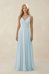 Sky Blue Spaghetti Strap A-Line Chiffon Bridesmaid Dress | KISSBRIDAL