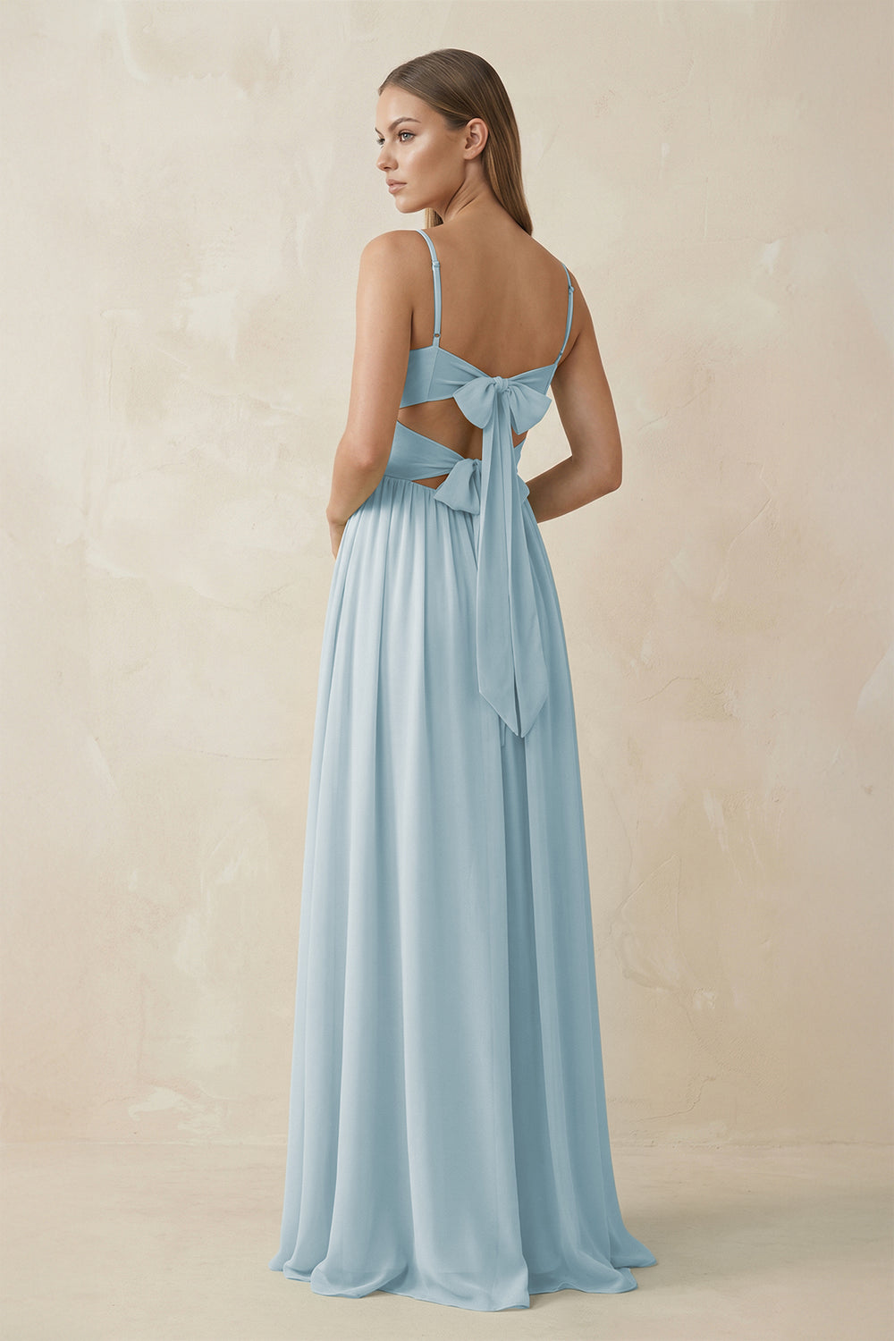 Spaghetti Strap Pleated A-Line Chiffon Bridesmaid Dress in Sky Blue