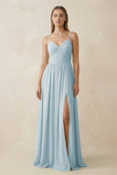 Sky Blue Spaghetti Strap Pleated A-Line Chiffon Bridesmaid Dress | KISSBRIDAL