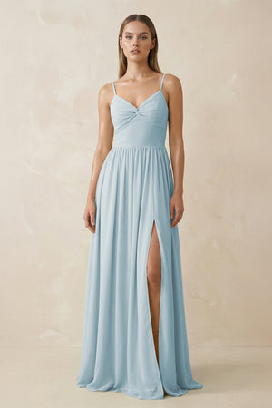 Sky Blue Spaghetti Strap Pleated A-Line Chiffon Bridesmaid Dress | KISSBRIDAL