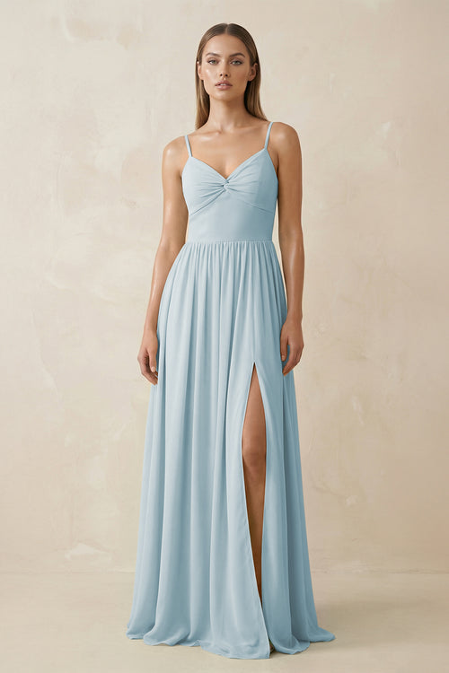 Sky Blue Spaghetti Strap Pleated A-Line Chiffon Bridesmaid Dress | KISSBRIDAL