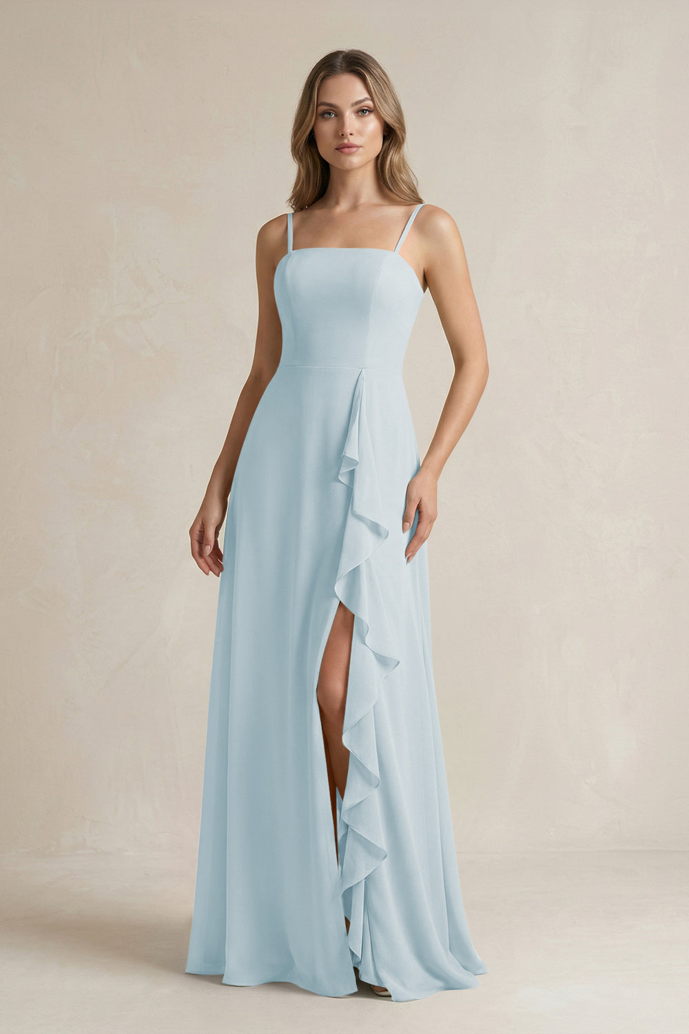 Spaghetti Strap Ruffled A-Line Chiffon Bridesmaid Dress in Sky Blue