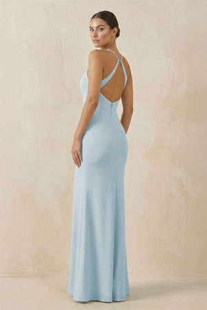 Sky Blue Spaghetti Strap Sheath Chiffon Bridesmaid Dress With Slit (2) | KISSBRIDAL