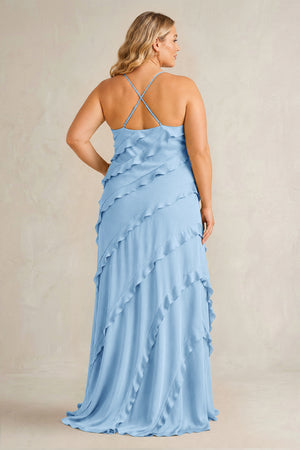 Sky Blue Spaghetti Straps Sheath Stain Ruffled Bridesmaid Dress (2) | KISSBRIDAL[sizeplus]