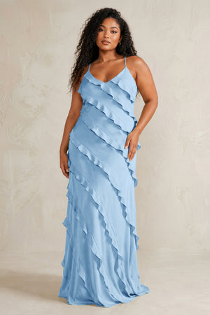Sky Blue Spaghetti Straps Sheath Stain Ruffled Bridesmaid Dress (3) | KISSBRIDAL[sizeplus]