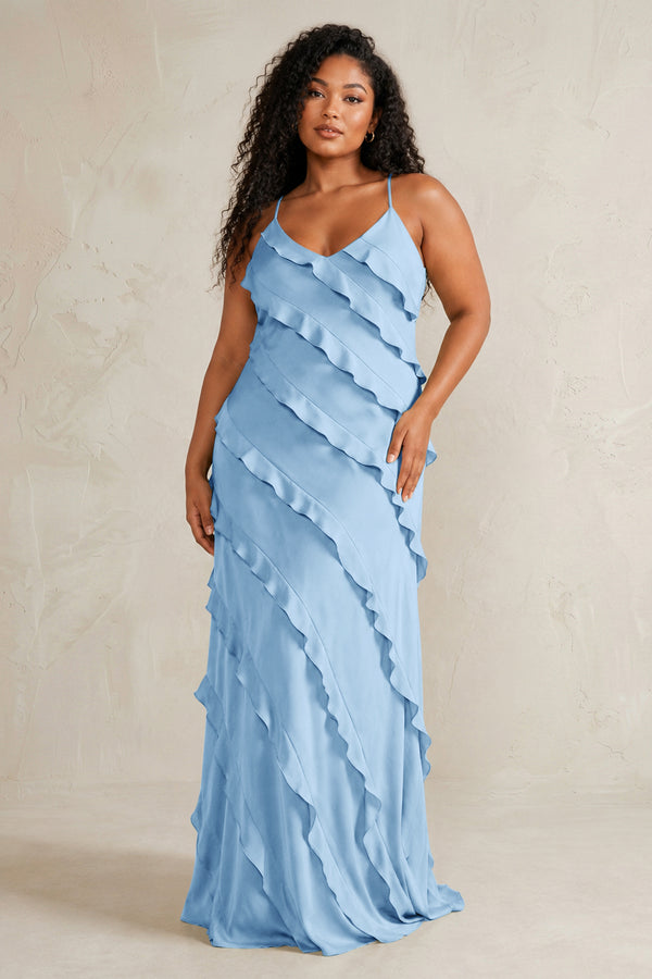 Sky Blue Spaghetti Straps Sheath Stain Ruffled Bridesmaid Dress (3) | KISSBRIDAL[sizeplus]