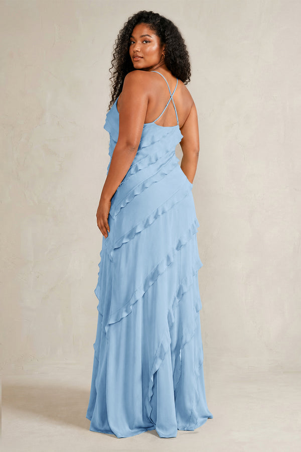 Sky Blue Spaghetti Straps Sheath Stain Ruffled Bridesmaid Dress (4) | KISSBRIDAL[sizeplus]