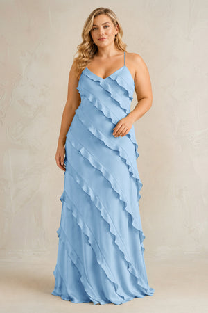 Sky Blue Spaghetti Straps Sheath Stain Ruffled Bridesmaid Dress | KISSBRIDAL[sizeplus]