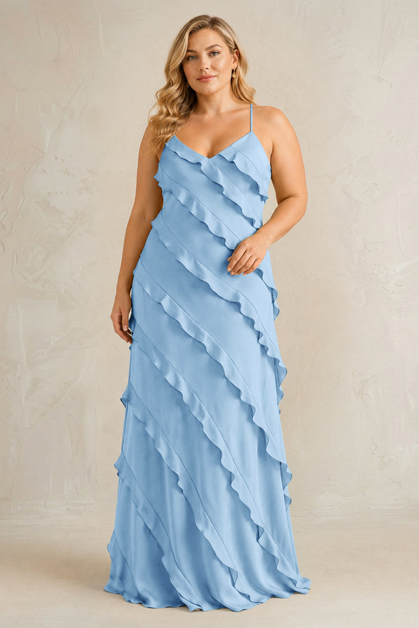 Sky Blue Spaghetti Straps Sheath Stain Ruffled Bridesmaid Dress | KISSBRIDAL[sizeplus]