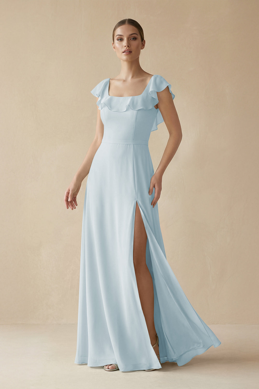 Square Neck A-Line Bridesmaid Dress with Ruffles in Sky Blue