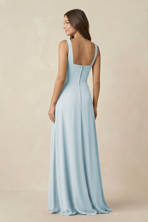 Sky Blue Square Neck A-Line Bridesmaid Dress With Slit (2) | KISSBRIDAL