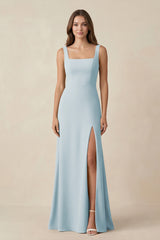 Sky Blue Square Neck A-Line Bridesmaid Dress With Slit | KISSBRIDAL