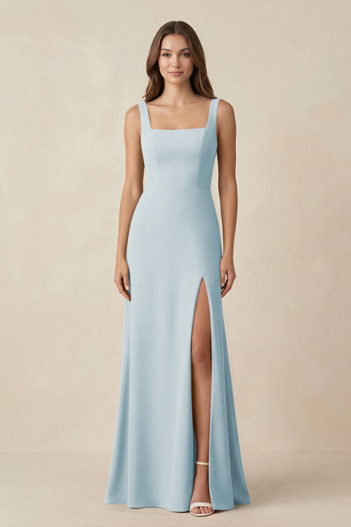 Sky Blue Square Neck A-Line Bridesmaid Dress With Slit | KISSBRIDAL