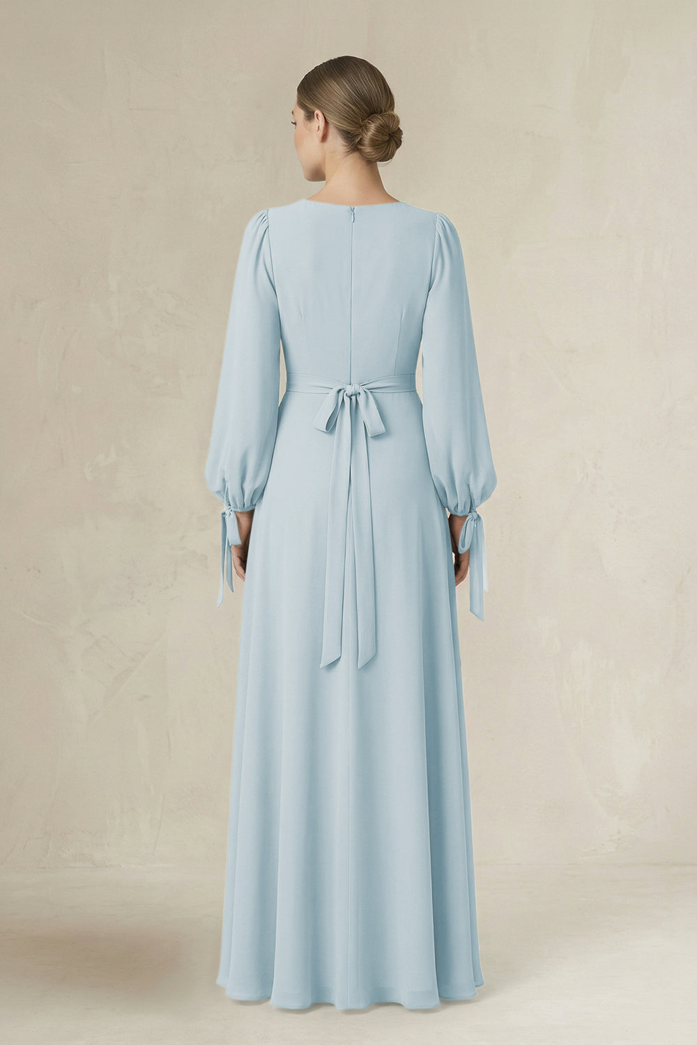 Square Neck Long Sleeve A-Line Chiffon Bridesmaid Dress in Sky Blue