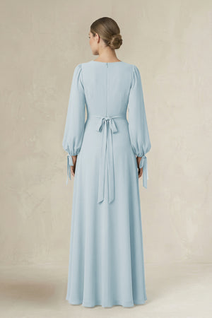 Sky Blue Square Neck Long Sleeve A-Line Chiffon Bridesmaid Dress in Sky Blue (2) | KISSBRIDAL