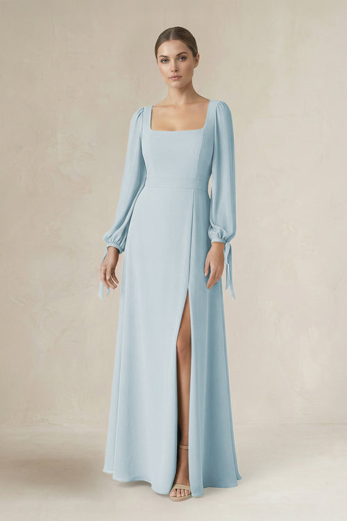 Sky Blue Square Neck Long Sleeve A-Line Chiffon Bridesmaid Dress in Sky Blue | KISSBRIDAL