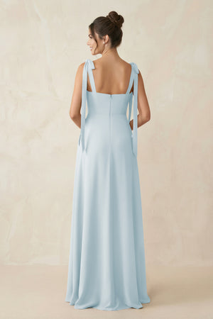 Sky Blue Square Neck Sheath Chiffon Bridesmaid Dress with Bow (2) | KISSBRIDAL