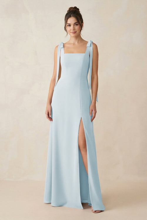 Sky Blue Square Neck Sheath Chiffon Bridesmaid Dress with Bow | KISSBRIDAL