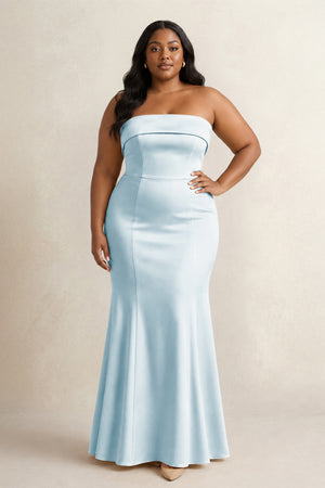 Sky Blue Strapless Satin Mermaid Bridesmaid Dress (3) [sizeplus] | KISSBRIDAL