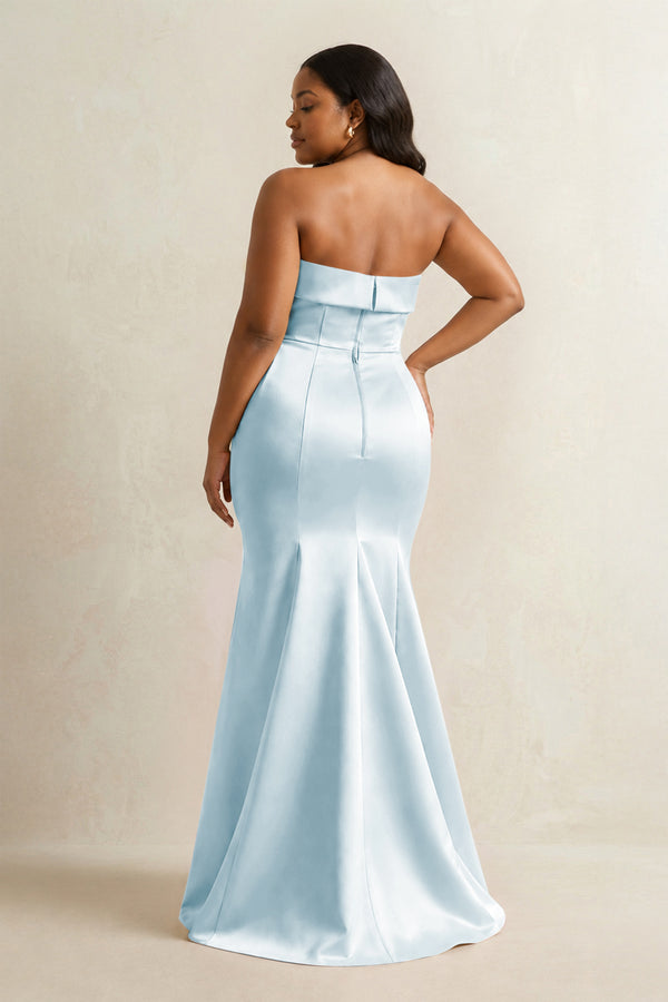 Sky Blue Strapless Satin Mermaid Bridesmaid Dress (4) [sizeplus] | KISSBRIDAL