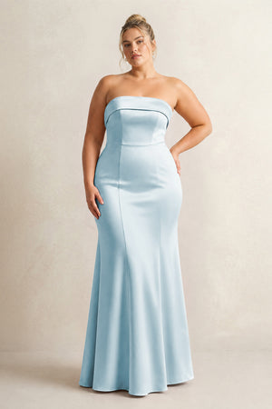 Sky Blue Strapless Satin Mermaid Bridesmaid Dress [sizeplus] | KISSBRIDAL