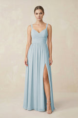 Sky Blue Sweetheart A-Line Chiffon Bridesmaid Dress with Slit in Sky Blue | KISSBRIDAL