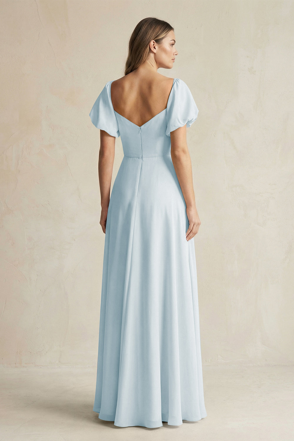 Sweetheart Puff Sleeve A-Line Chiffon Bridesmaid Dress in Sky Blue