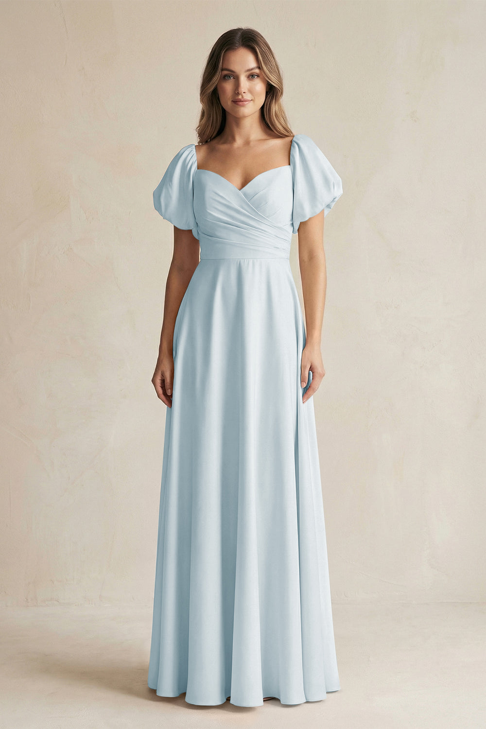 Sweetheart Puff Sleeve A-Line Chiffon Bridesmaid Dress in Sky Blue