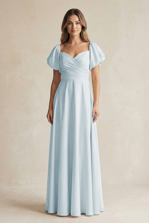 Sky Blue Sweetheart Puff Sleeve A-Line Chiffon Bridesmaid Dress | KISSBRIDAL