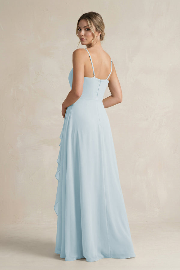 Sky Blue Sweetheart Ruffled A-Line Chiffon Bridesmaid Dress with Slit (2) | KISSBRIDAL