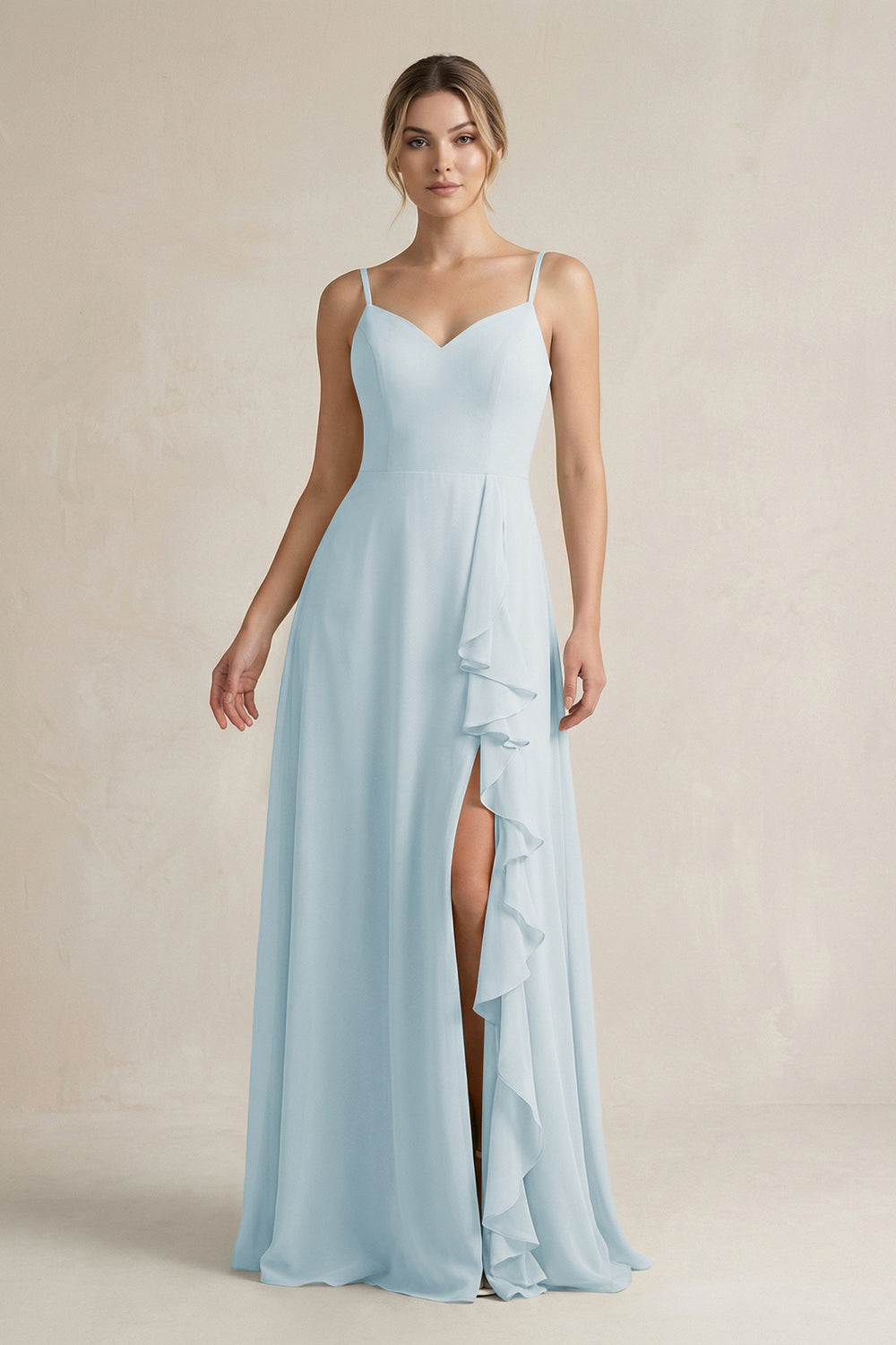 Sweetheart Ruffled A-Line Chiffon Bridesmaid Dress with Slit in Sky Blue