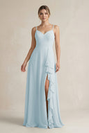 Sky Blue Sweetheart Ruffled A-Line Chiffon Bridesmaid Dress with Slit | KISSBRIDAL