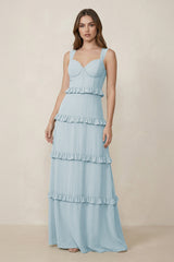 Sky Blue Sweetheart Tiered A-Line Chiffon Bridesmaid Dress | KISSBRIDAL