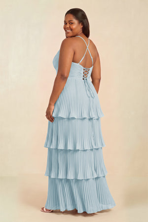 Sky Blue Tiered Pleated V-Neck A-Line Chiffon Bridesmaid Dress (2) [sizeplus] | KISSBRIDAL