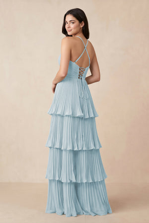 Sky Blue Tiered Pleated V-Neck A-Line Chiffon Bridesmaid Dress (2) | KISSBRIDAL