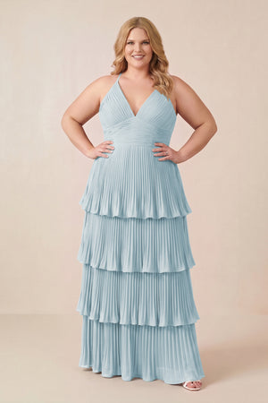 Sky Blue Tiered Pleated V-Neck A-Line Chiffon Bridesmaid Dress (3) [sizeplus] | KISSBRIDAL